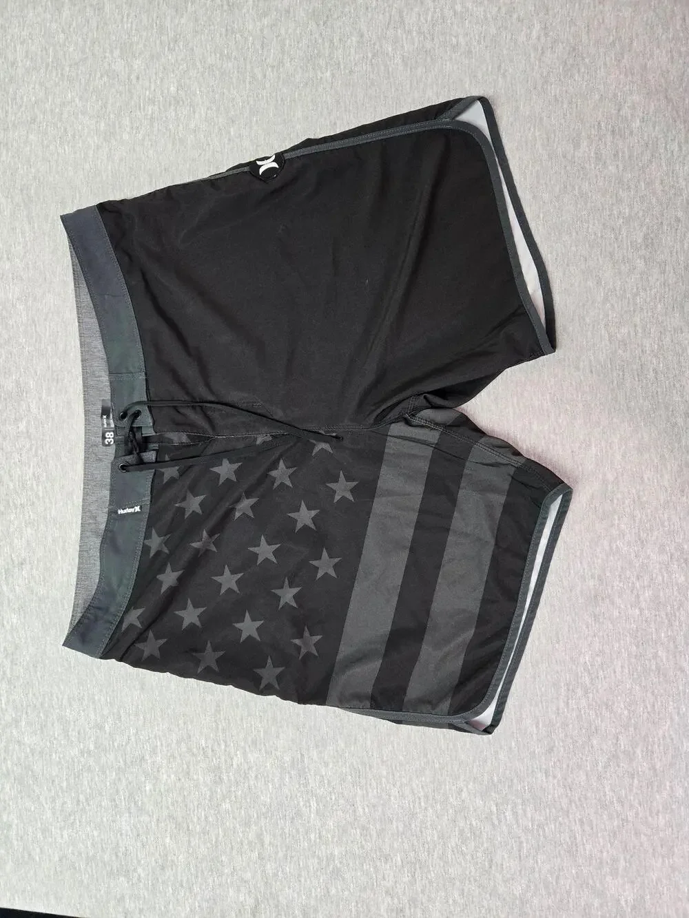 Hurley Board Shorts Mens 38 Black Flag Stars Swim Trunks Drawstring Patriotic